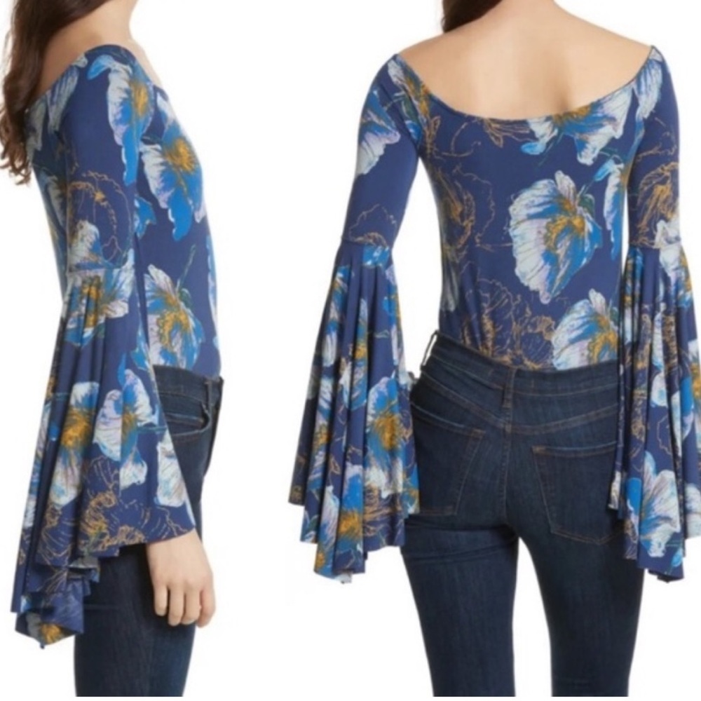 Free People | Birds of Paradise Blue Off Shoulder Floral Bell Sleeves Top Size S - Picture 8 of 9